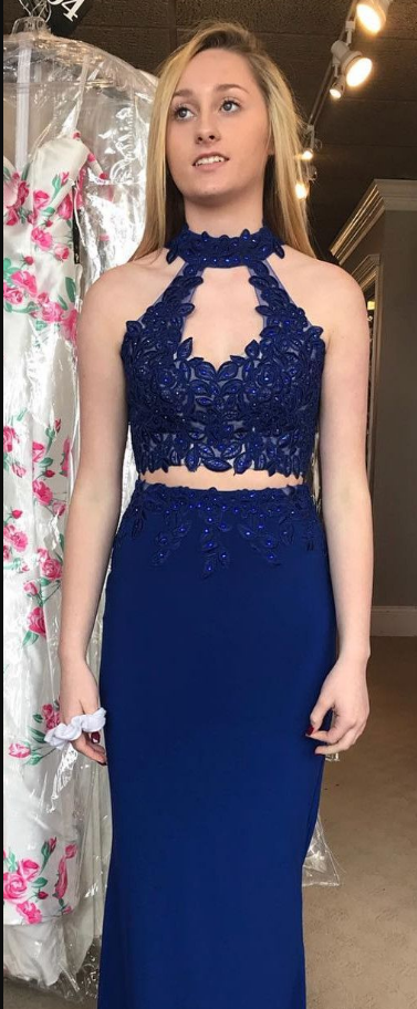 Appliques Navy Blue Two Piece Long Prom Dress With Beaded, Sexy Prom ...