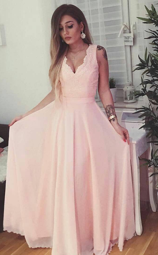 Sexy Deep V Pink Tiered Evening Dress Chiffon Prom Dress Y8062 main image 1