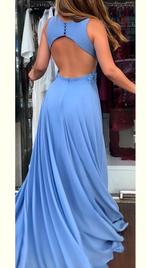V-Neck Floor-Length Chiffon Lace Dress Slate Blue