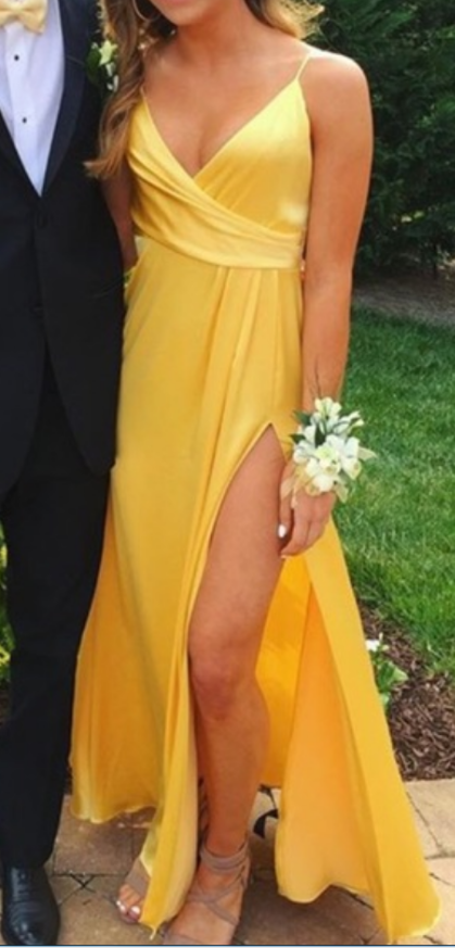Pretty Yellow Satin, Slit Simple Party Dress, Sexy Junior Prom Dress ...