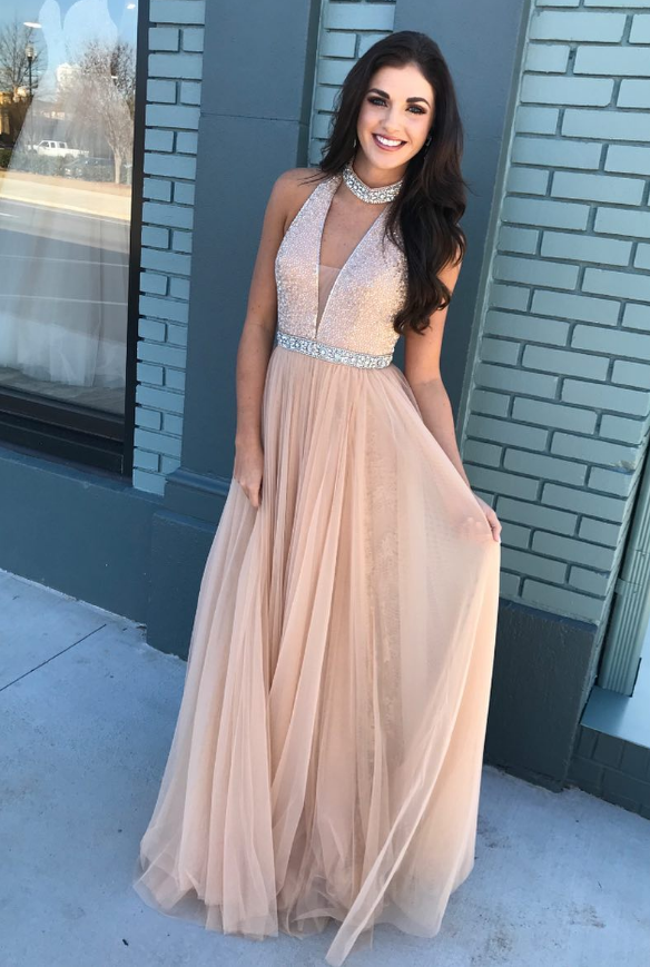 Halter Neckline Prom Dress Champagne Evening Dress Beaded Champagne