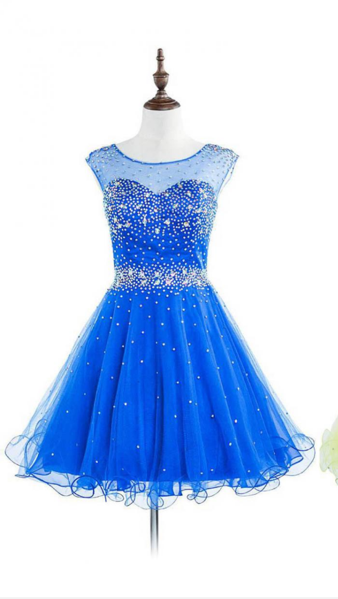 Royal Blue Open Back Prom Dresses With Sparkle Beads, Illusion Mini ...