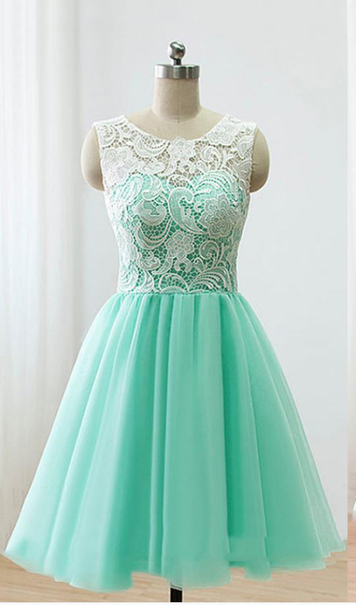 Sleeveless Green Prom Dress Illusion Lace Prom Dresses With Buttons Elegant Mint Short 6155