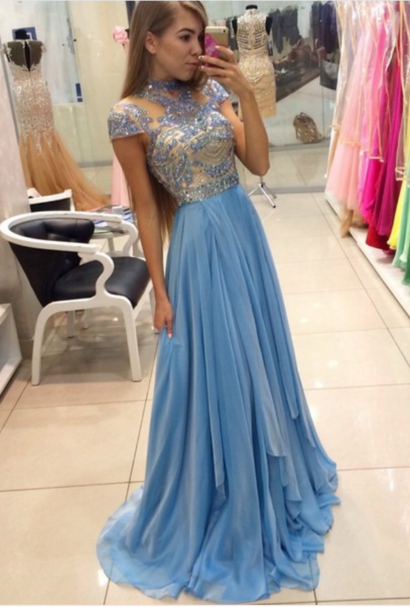 Bow High Neck Pleated Long Sleeve Chiffon Dress Blue