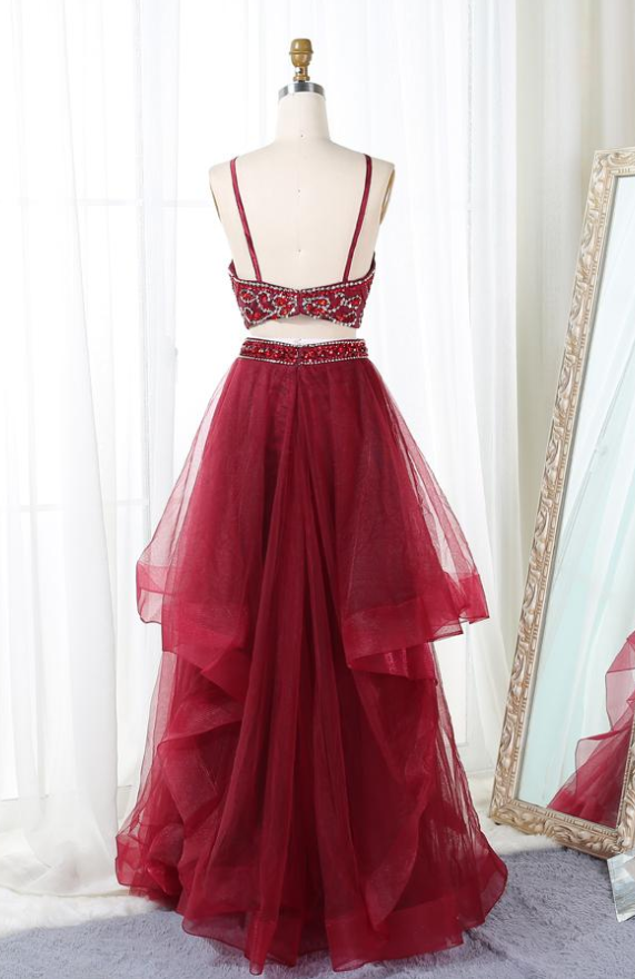 2 Piece Straps Sleeveless Red Wedding Guest Dress