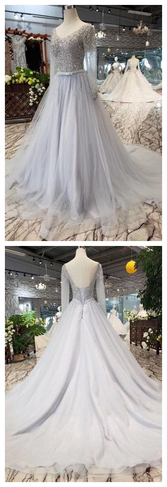 A Line Deep V Neck Sleeveless Tulle Long Prom Dresses With Sequins LBQ1831