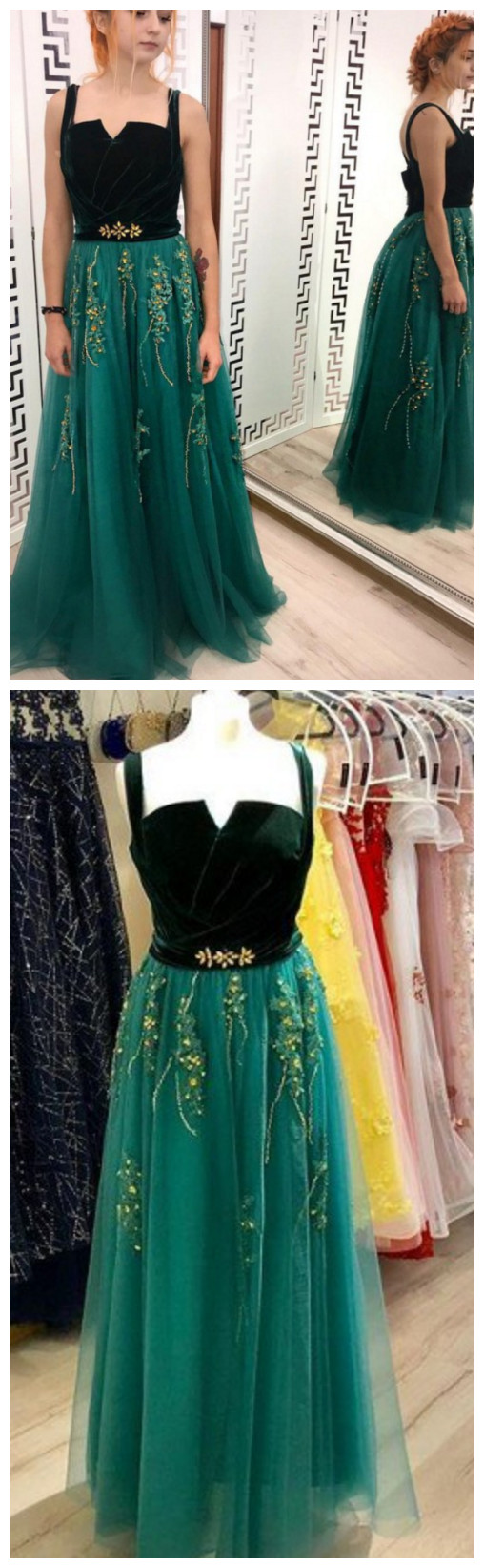 A Line Green And Black Tulle Prom Dresses on Luulla