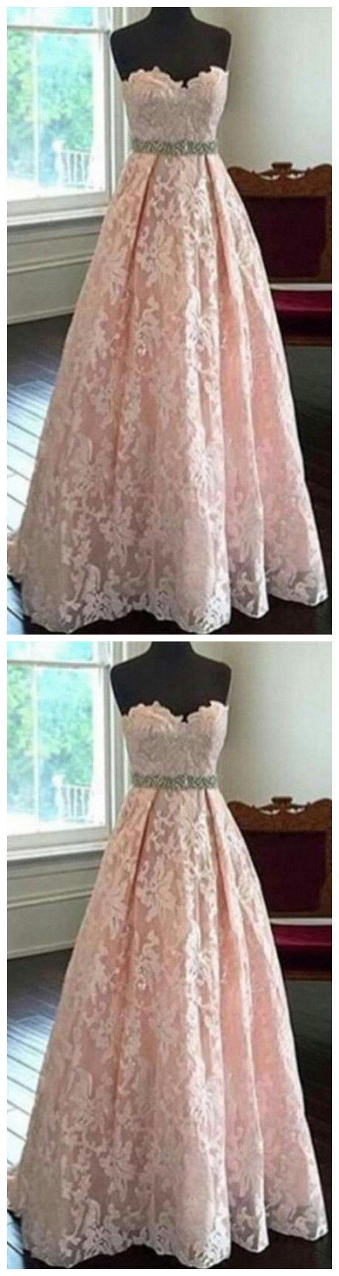 A-line/Princess Long Pink Prom Dress with Lace Beaded Top