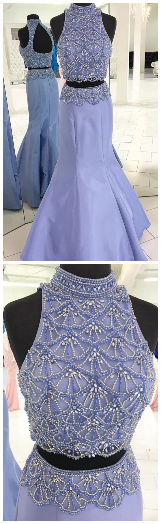 Mermaid Two Piece High Neck Long Sleeves Satin Appliques Prom Dress LBQ3782