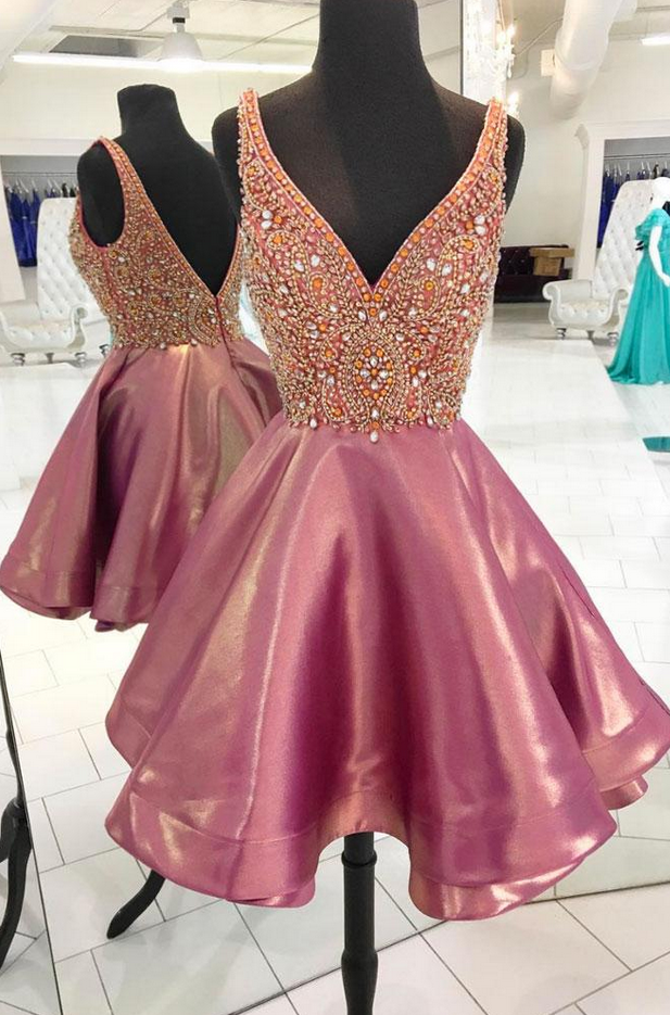 V Neck Open Back Blush Pink Sequin Short Prom Homcoming Dress PD433