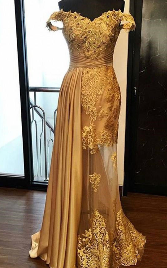 Off The Shoulder Gold Prom Dress, Pageant Dress With Illusion Skirt ...