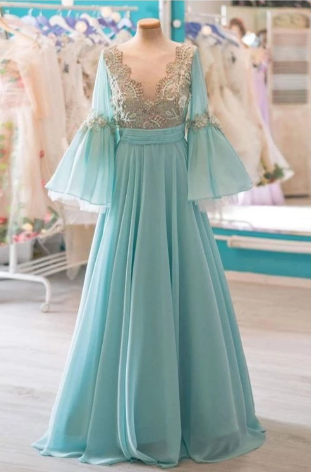 Elegant Blue A-line V-neck Long Prom Dresses Online, Evening Party Dresses,12568 main image 0