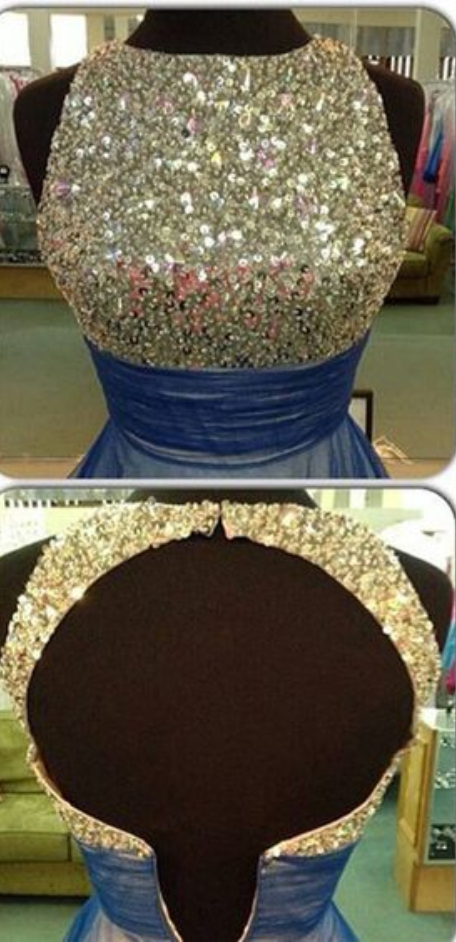 A Line Beaded Long Blue Prom Dress With Appliques