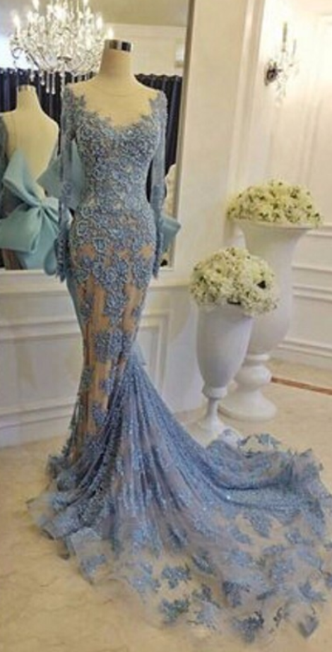 Long Sleeves Appliques Evening Dress with Ruffles and Mermaid High Neck
