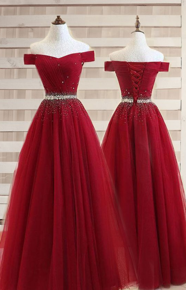 A-line Off The Shoulder Burgundy Tulle Prom Dress With Beading on Luulla