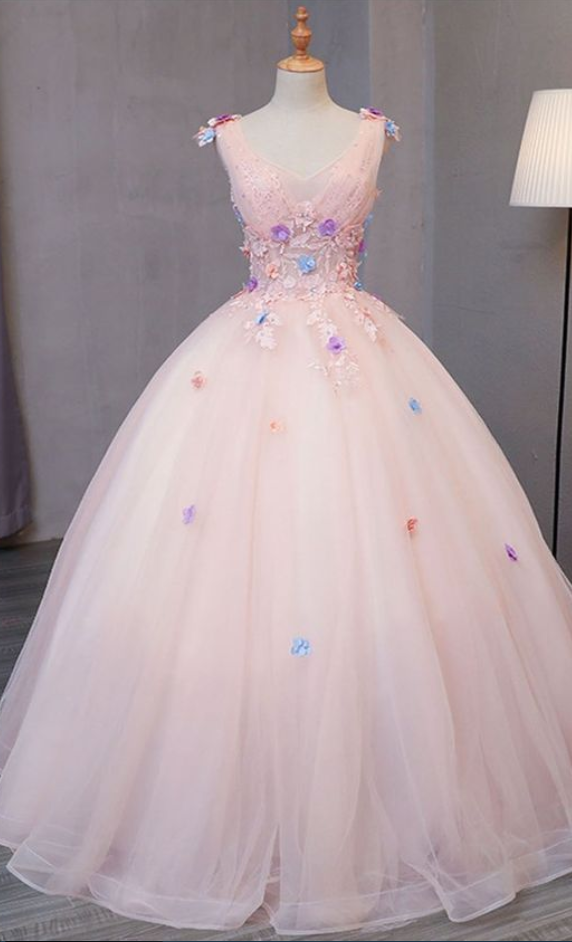 Pink Tulle and Lace Long Prom Dress with Sequins, Beautiful A-Line Sweet 16 Dress main image 1