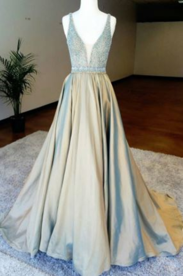 Champagne Slit Deep V-neck Beading Ruffles Prom Gown JTE406