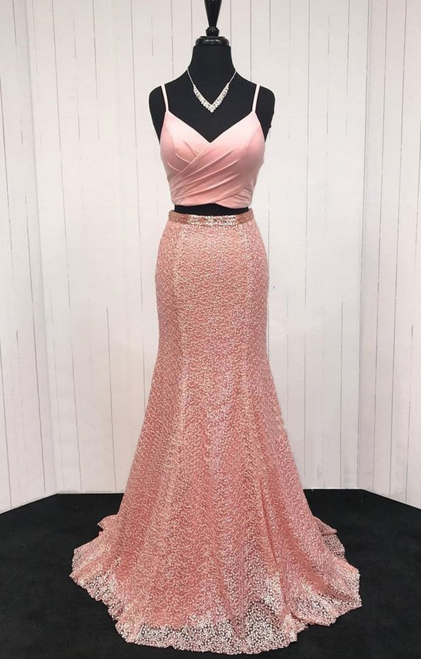 V Neck Spaghetti Straps Two Piece Long Mermaid Homecoming Dress on Luulla