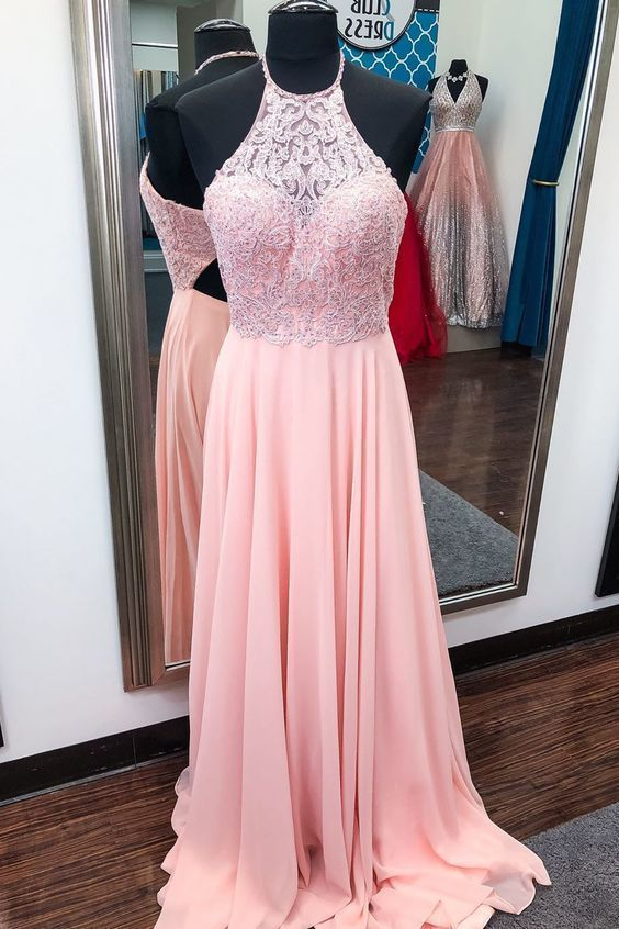 Spark Queen Halter Pink Long Prom Dress With Appliques Top on Luulla