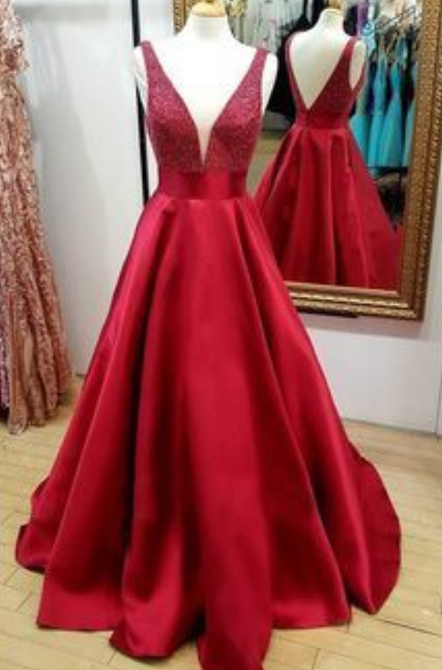 Burgundy V-Neck Sleeveless Princess Dress with Sequins