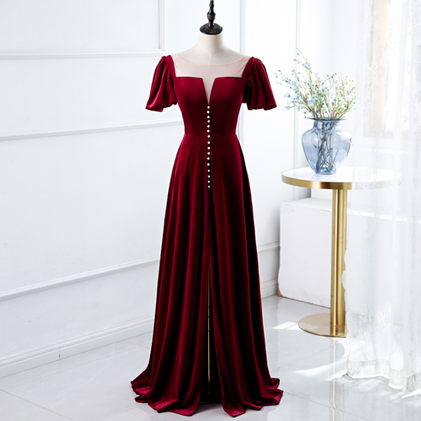 Elegant Wine Long Party Dress, A-line Velvet Bridesmaid Dress on Luulla