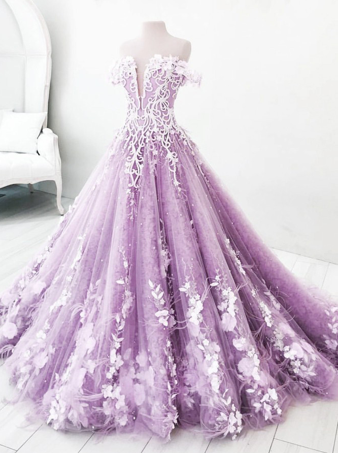 Lilac Ball Gown Off the Shoulder Lace Appliques Satin Beaded Prom Dresses LBQ1813