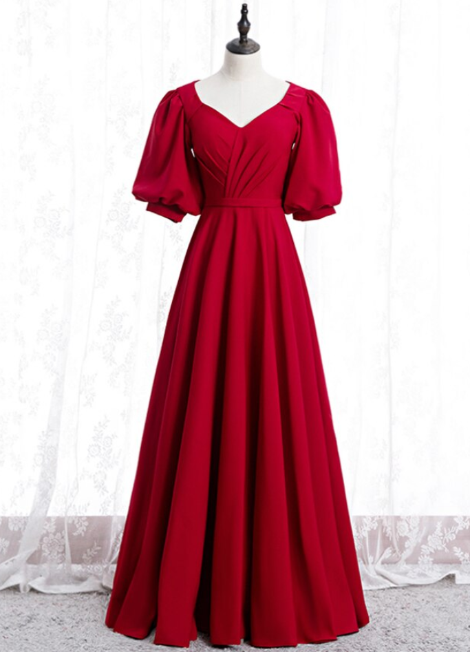 Burgundy Satin V-neck Puff Sleeve Pleats Prom Dress on Luulla