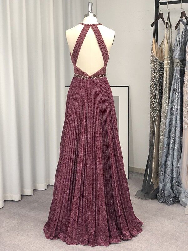A-Line/Princess Halter Neck Sleeveless Floor-Length Taffeta Prom Dresses with Ruffles & Sequins main image 1