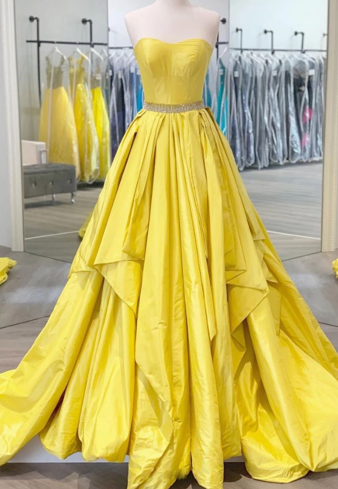 Yellow  satin long prom dress yellow evening dress main image 0