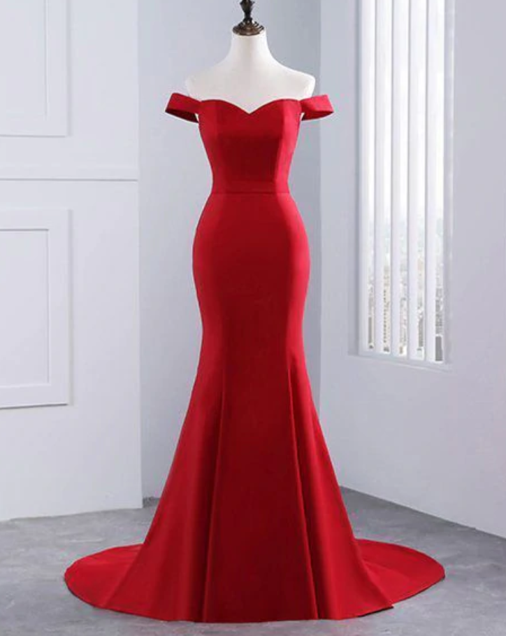 Charming Long Mermaid Off the Shoulder Satin Prom Dresses with Side Sweep Train