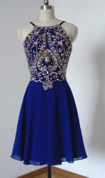 Fabulous Beaded Short Prom Dresses, Backless Halter Chiffon Homecoming ...