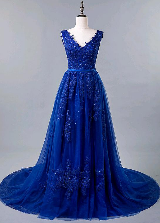 Elegant A-Line Tulle Lace V-Neck Appliques Formal Prom Dress, Beautiful ...