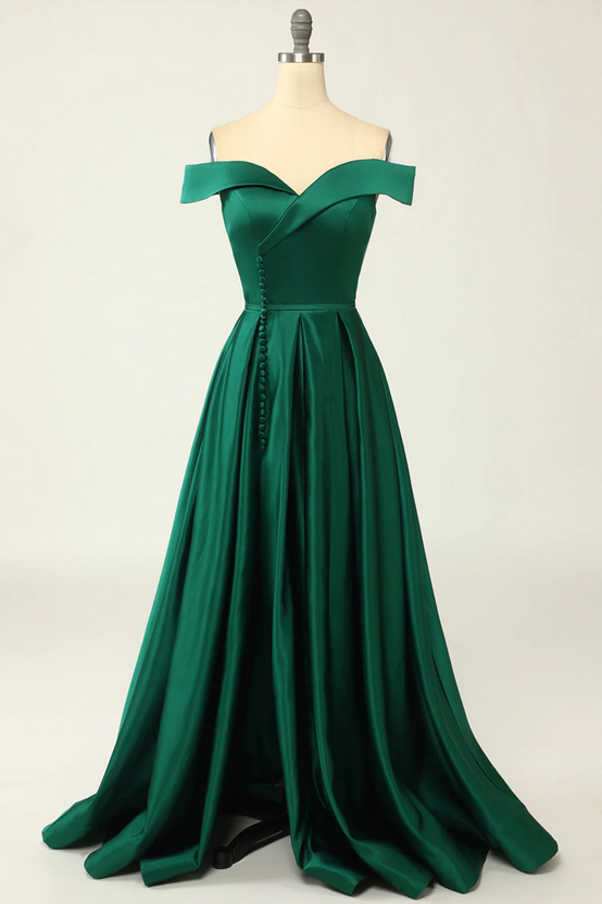 Chic & Modern Off-shoulder Pleats Satin Long Prom Dress Evening Gown main image 0