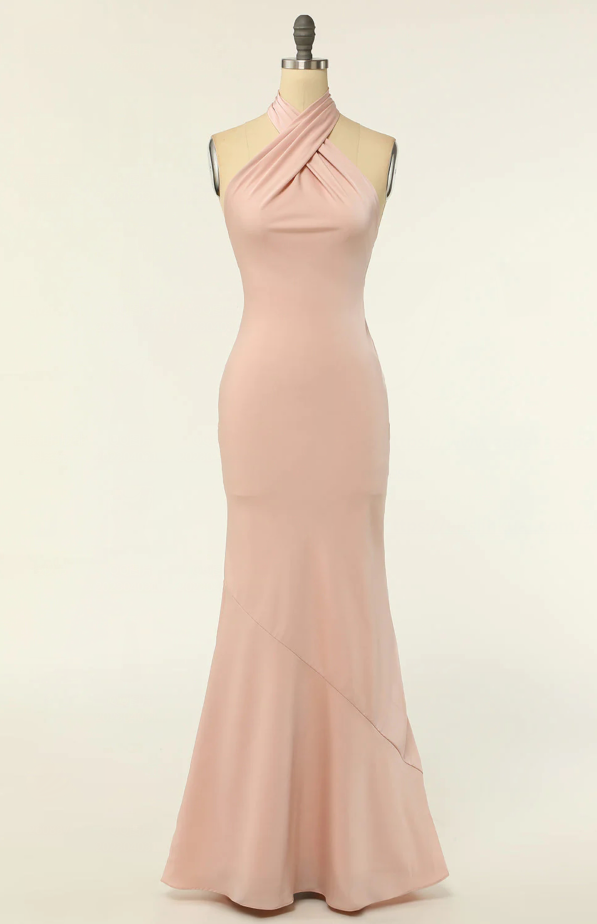 Classy Halter Sleeveless Satin Pink Mermaid Long Wedding Guest Dress Formal Bridesmaid Dress