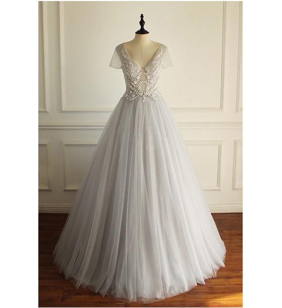 A-line V-neckline Long Tulle Dresses Silver