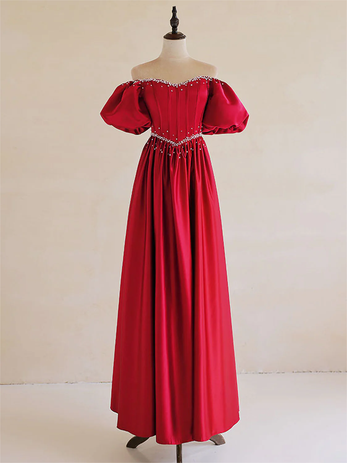 Burgundy round neck lace satin long prom dress burgundy evening dress,DS2306
