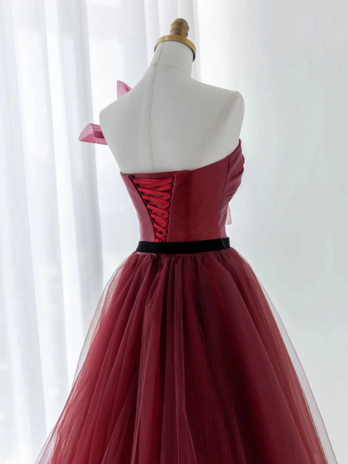Burgundy A-line Beading Long Prom Dress, Burgundy Tulle Formal Dress Y5849