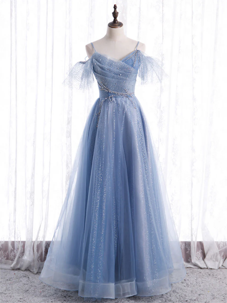 Long Prom Dress ,elegant A Line Tulle Sequin Blue Long Prom Dress ...