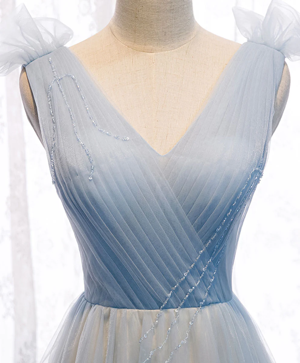 Simple v neck blue tulle long prom dress, blue tulle formal dress