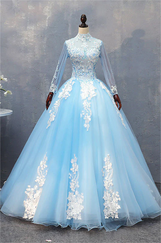 Blue Satin Tulle Long Prom Dress with Lace-Up Back