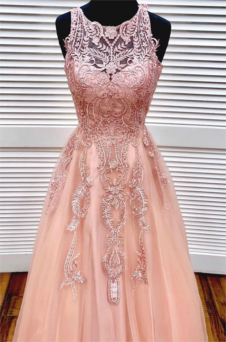Long Prom Dress ,unique Pink Round Neck Tulle Lace Long Prom Dress ...