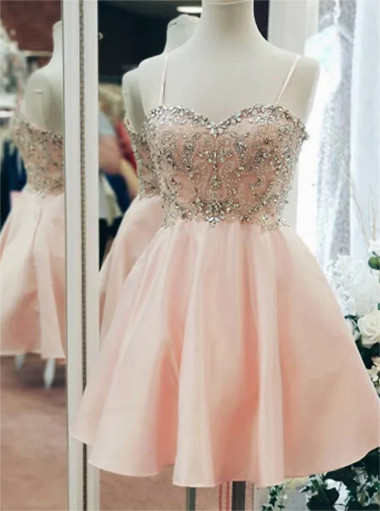 A-Line Satin Sweetheart Tea Length Homecoming Dress Short Prom Dress  PD414 main image 1