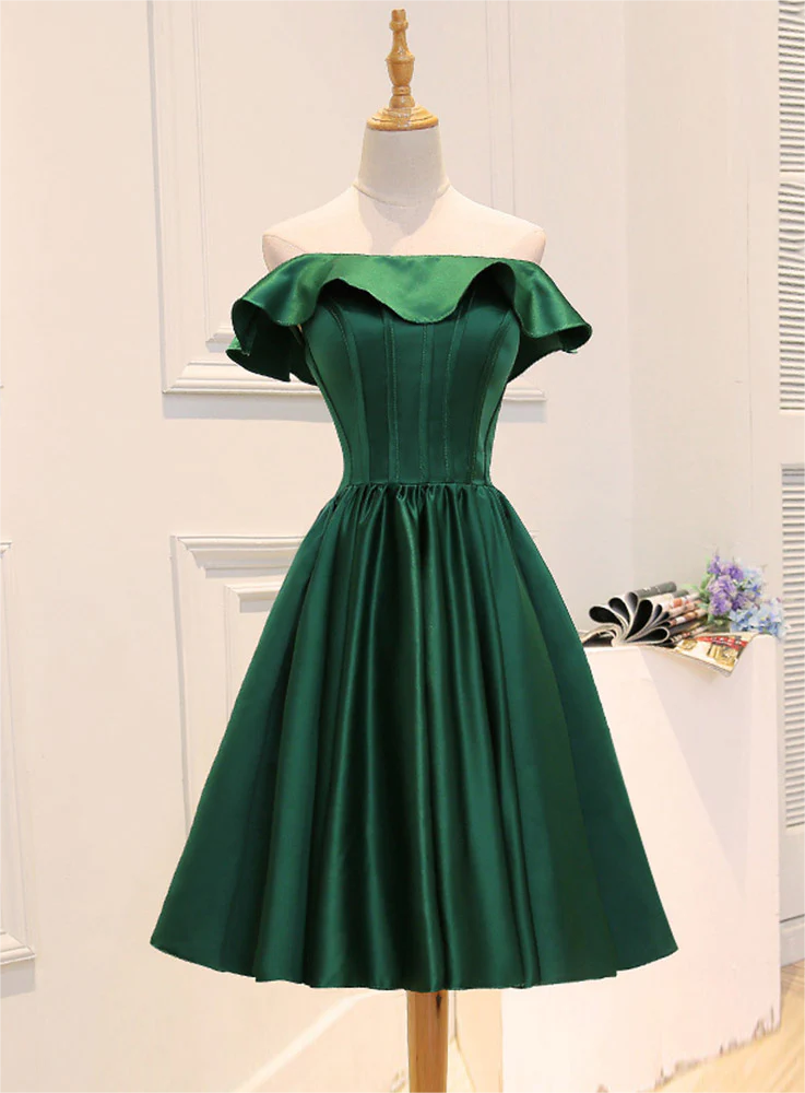 Green Satin Short A-Line Prom Dress Green V-Neck Party Dress main image 0