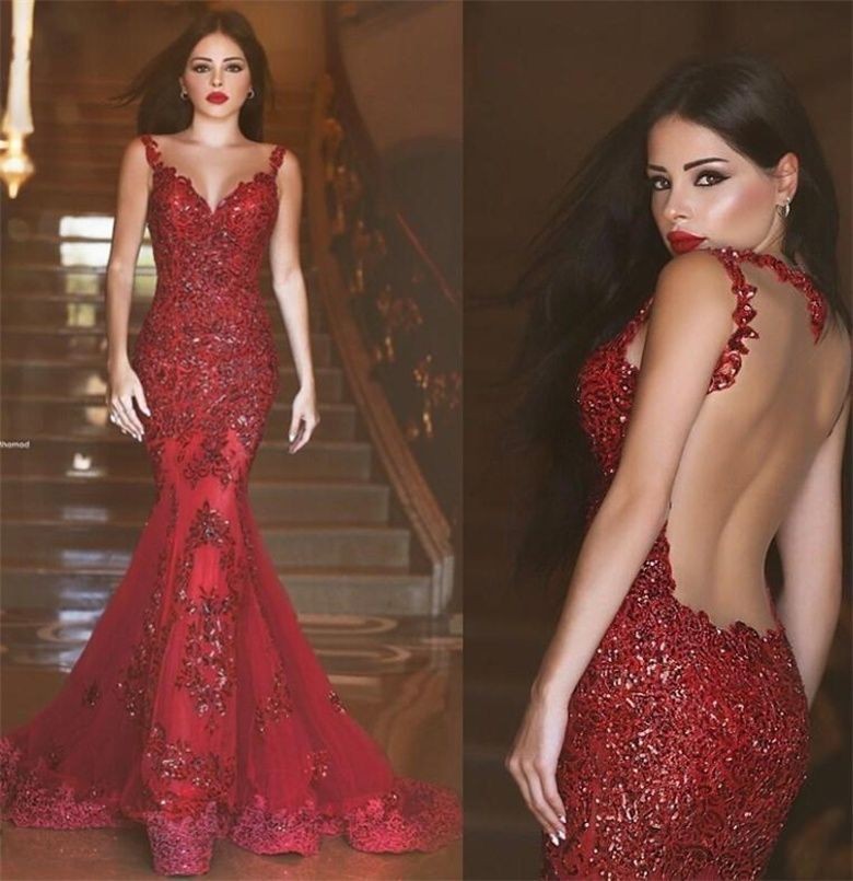 Bling Bling Long Mermaid Sexy Backless Red Prom Dress Mermaid Formal Evening Dresses Prom Gown