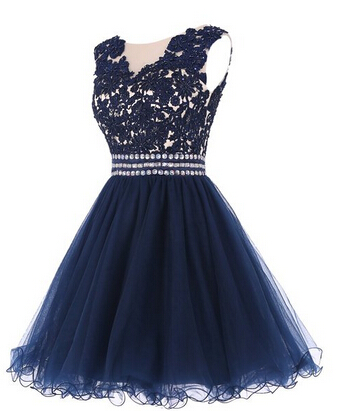 Lovely Navy Blue Short Lace Applique Prom Dresses 2017, Homecoming ...