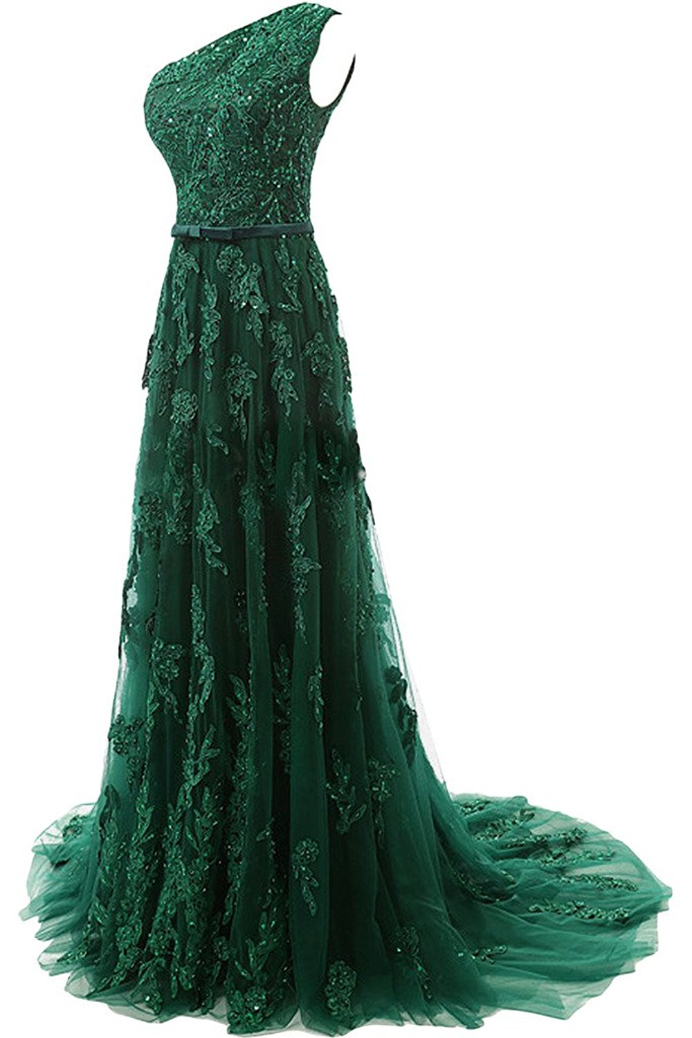 Forest Green Lace Appliqués Tulle Floor Length Prom Dress Featuring One Shoulder Bodice With Bow 