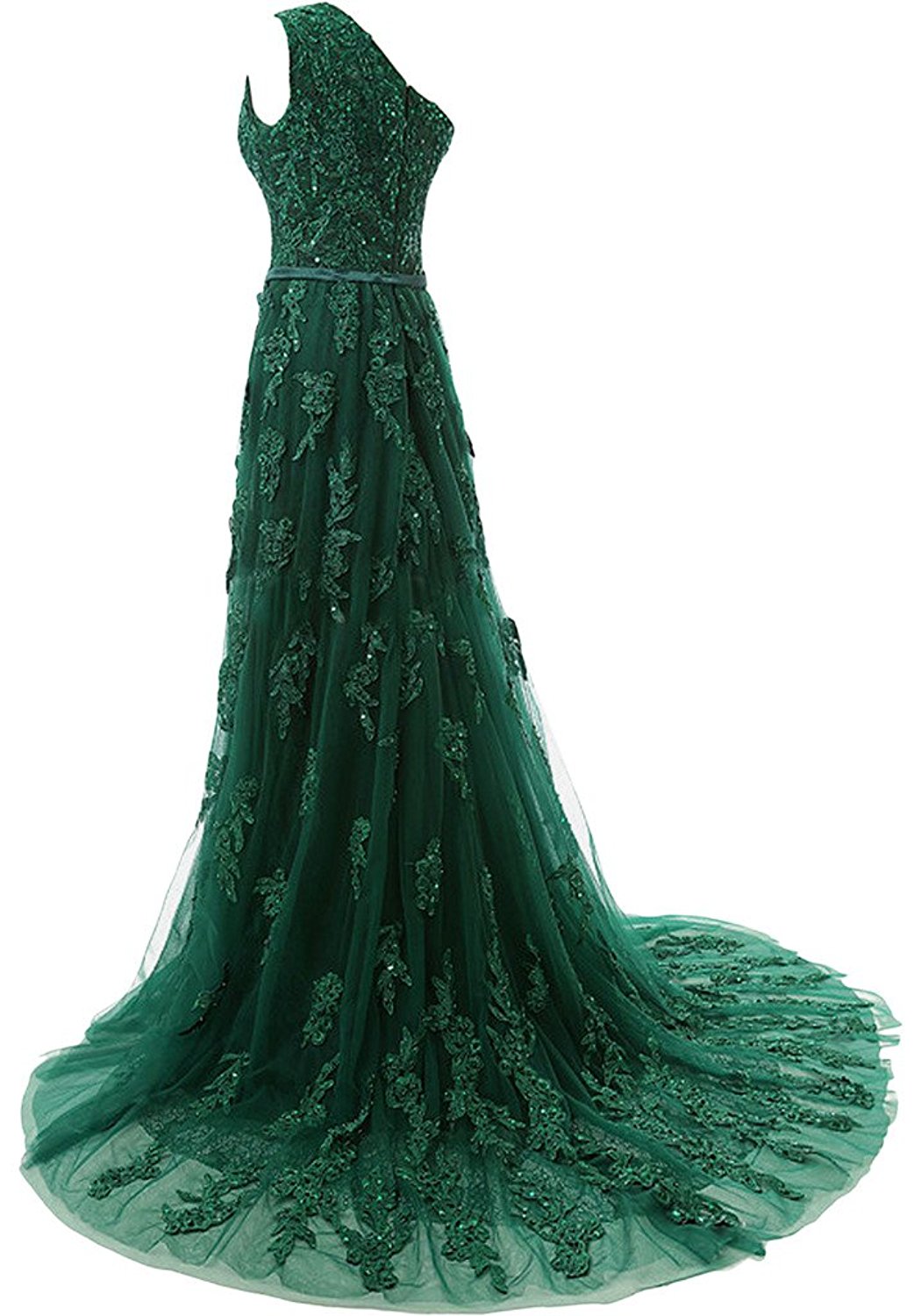 Forest Green Lace Appliqués Tulle Floor Length Prom Dress Featuring One ...