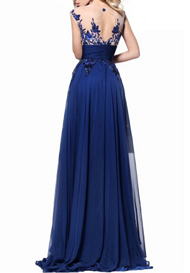 Women's Royal Blue Prom Dress Chiffon Lace Evening Dresses Long Evening