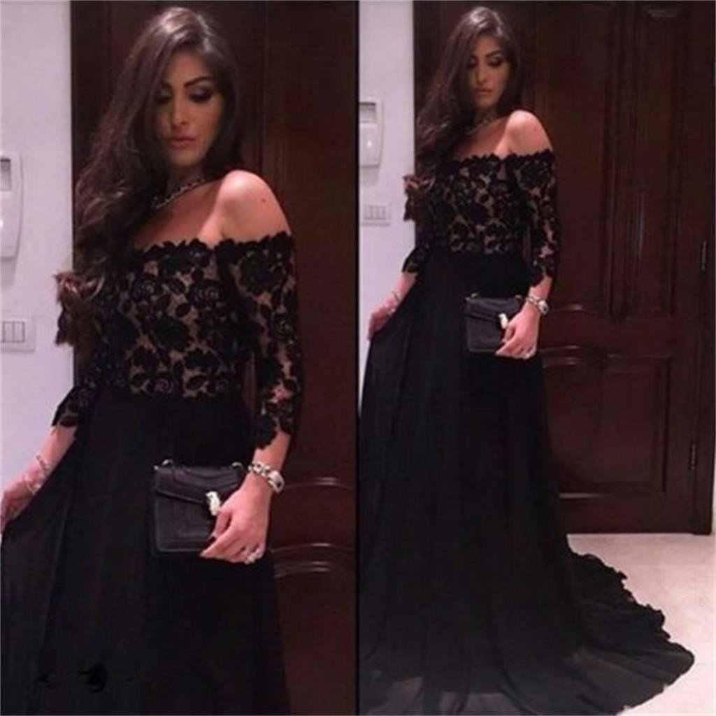 Black Chiffon Top Lace Off Should Straight Neck Long Sleeves Party ...