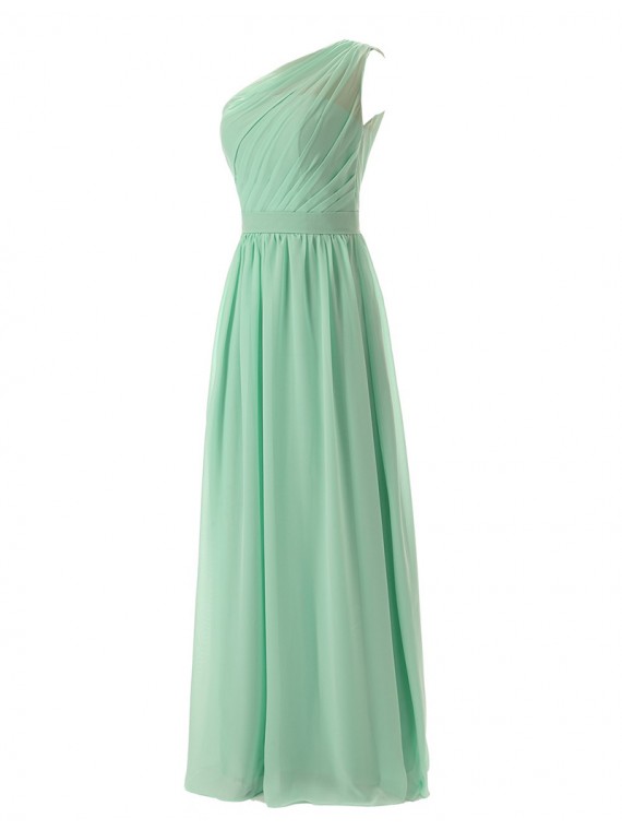 Simple Mint One Shoulder Sleeveless Ankle-length Pleats Bridesmaid ...